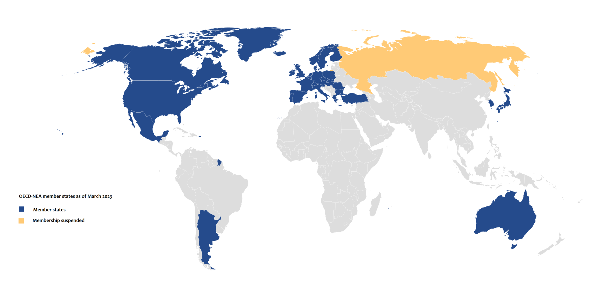 Mapa de los miembros de la Organización para la Cooperación y el Desarrollo Económico (OCDE) a nivel global en 2023. Foto: Belisarius~skwiki/Wikimedia Commons.