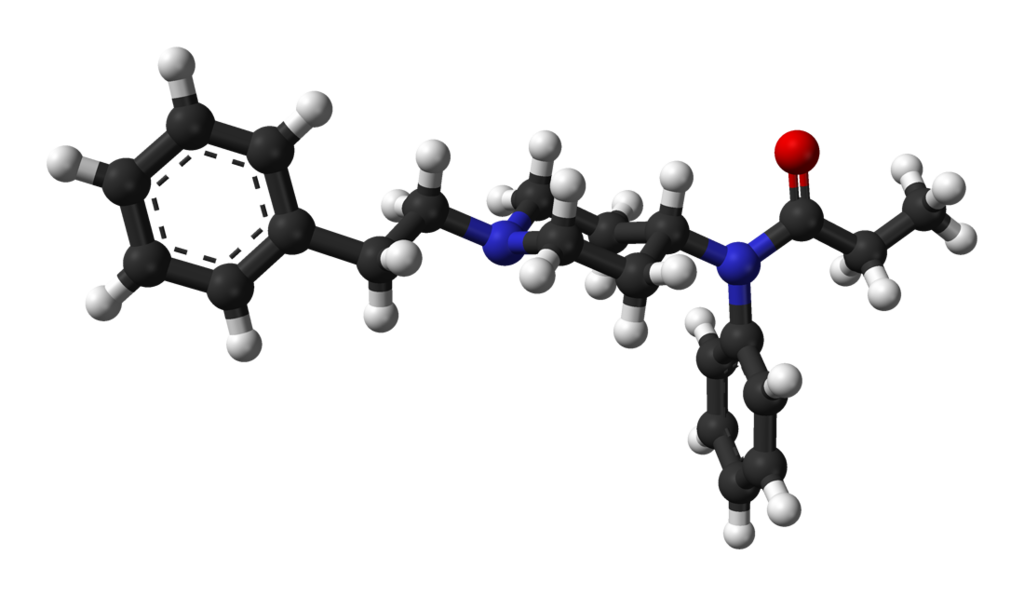 Modelo molecular del fentanilo en estructura cristalina. uno de los opioides más adictivos de la industria farmacéutica. Foto: Ben Mills/Public domain, via Wikimedia Commons.
