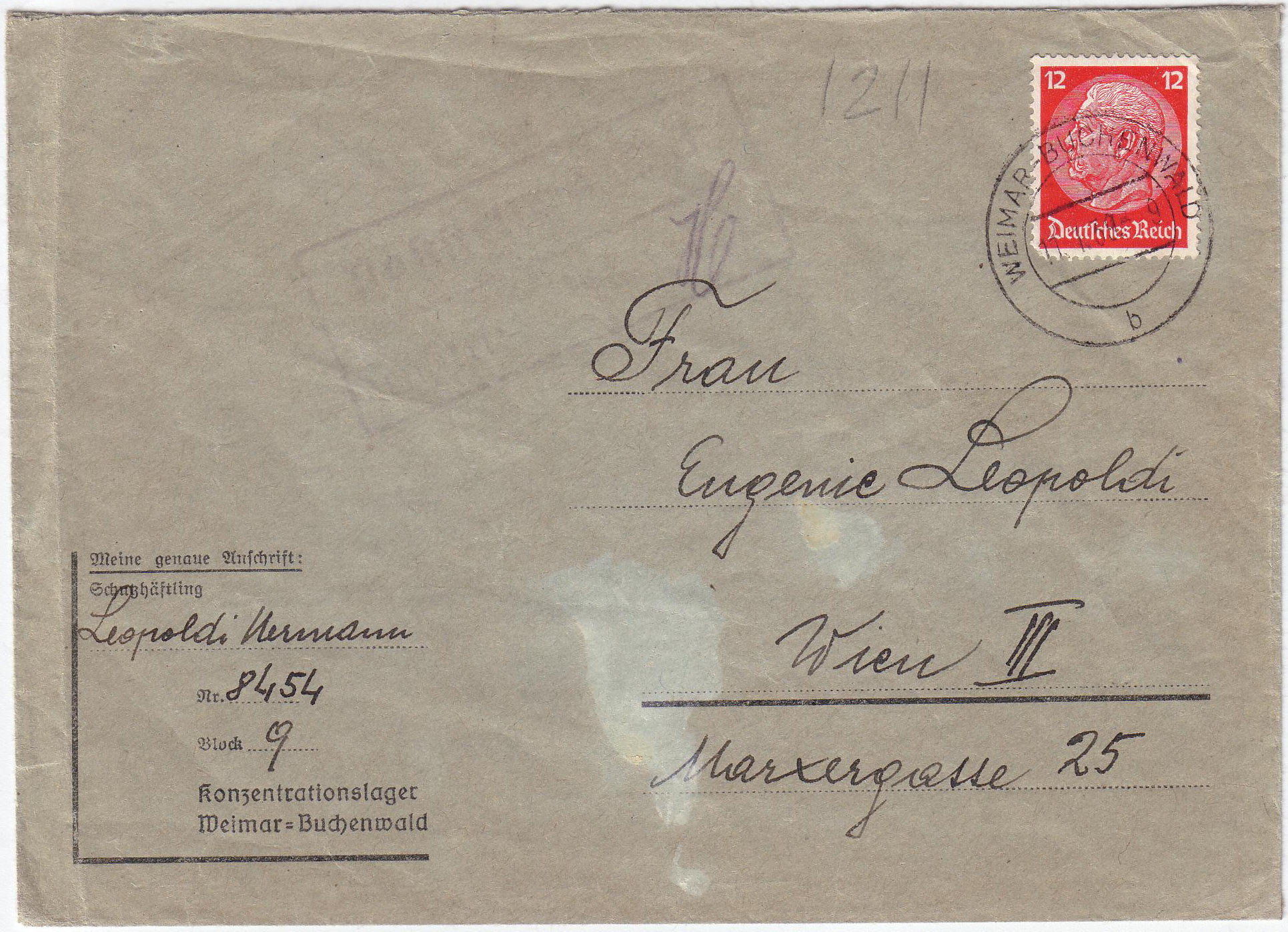 Portada de una carta antigua remitida por un prisionero del Campo de concentración de Buchenwald, el compositor austriaco Hermann Leopoldi en 1939. Foto: Escaneado por Radzuweit/Dominio público vía Wikimedia Commons.