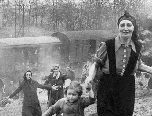Prisioneros enviados hacia el este en un tren desde el campo de concentración de Bergen-Belsen, cerca de Farsleben, Alemania, el 13 de abril de 1945. Foto: Dominio público/Wikimedia Commons.